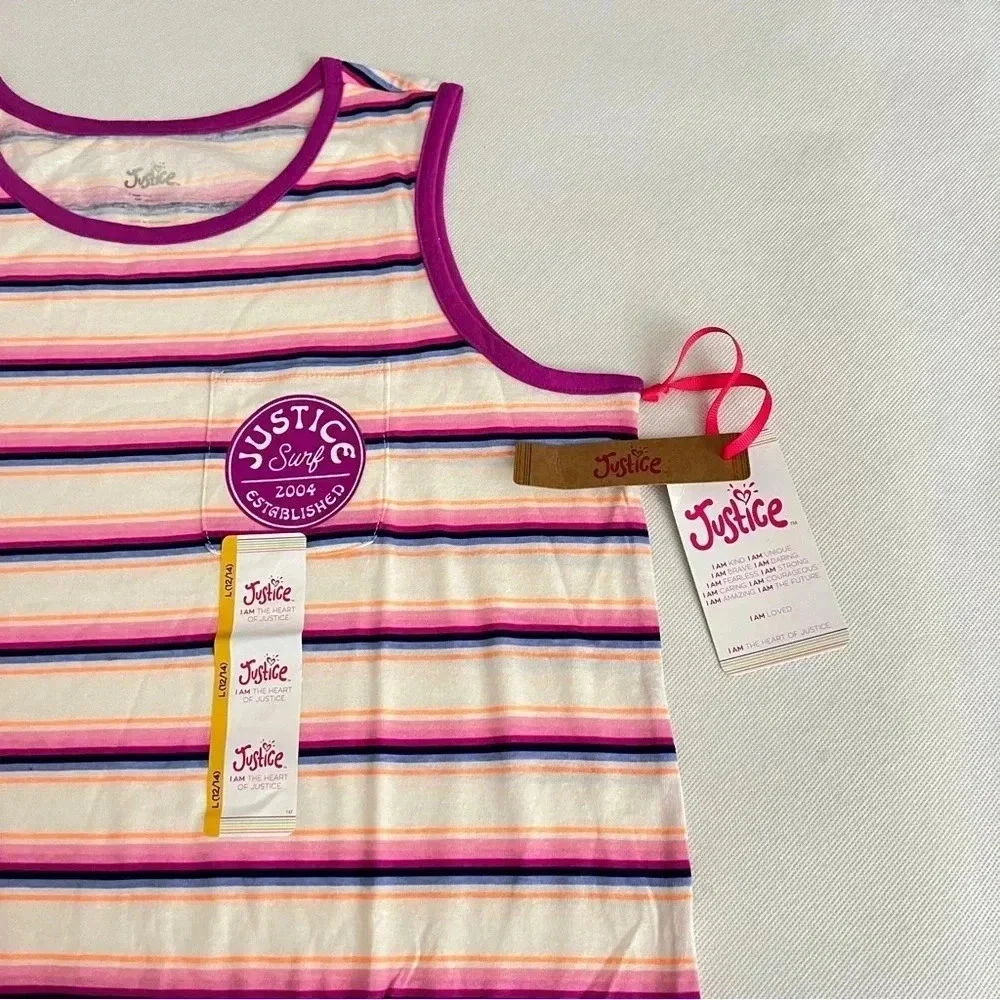 Justice Girls Graphic Tank Size Large ((12-14) Cream Warm Stripe Magenta